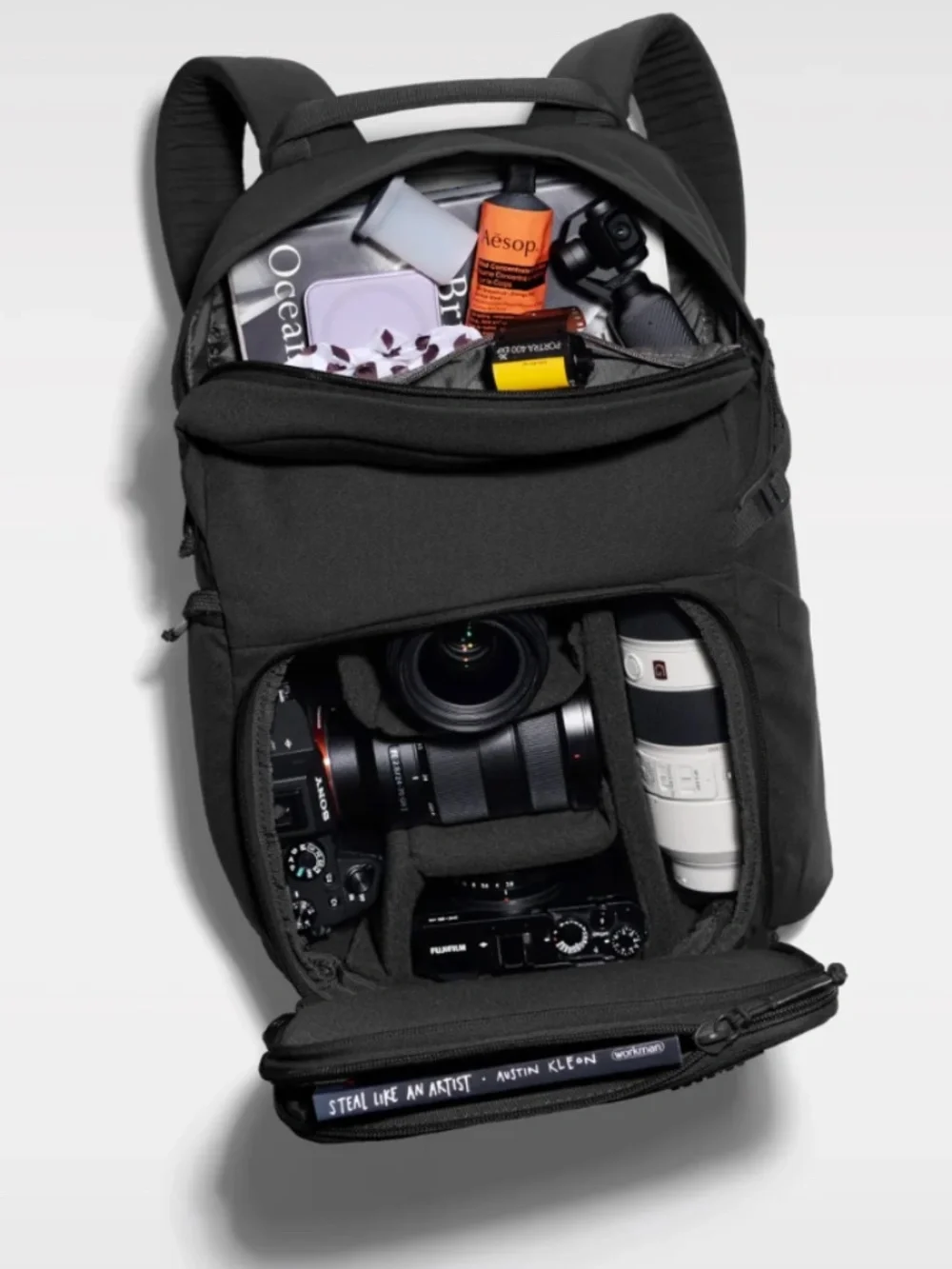 The Jumper Camera Backpack in Black with rain protection